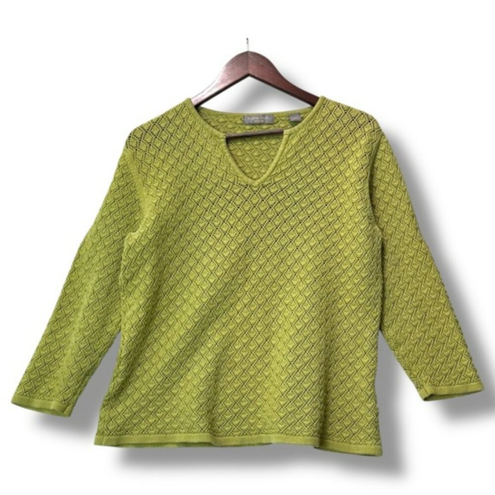 Kate Hill Casual Green Textured Knit Sweater‎ L Boho Grannycore Retro V-Neck